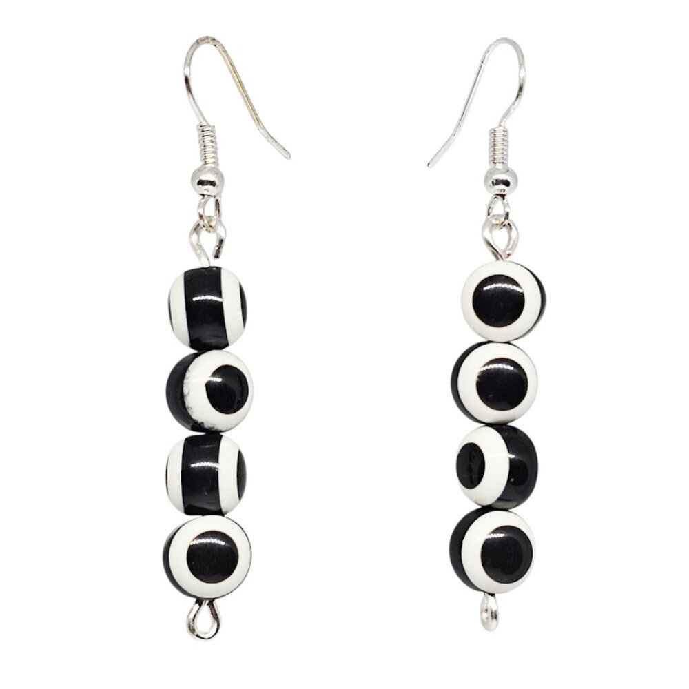 Black White Evil Eye Beaded Earrings Acrylic Silver Tone Boho Retro Dangle Drop